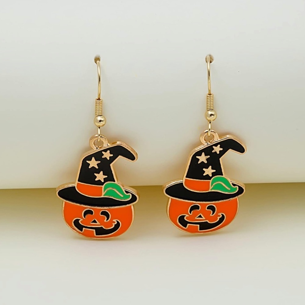 Gold Halloween witch hat pumpkin earrings jewelry